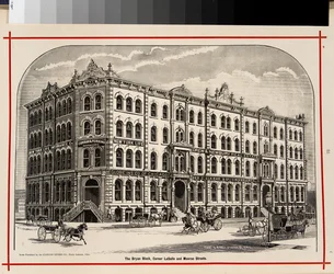 The Bryan Block, Ecke LaSalle und Monroe Streets, Chicago, Illustration in The Merchants and Manufacturers of Chicago Illustrated, 1873